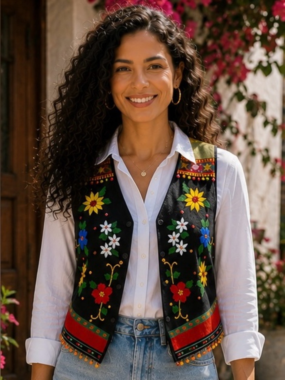 Vintage Small Petite Black Floral Embroidered Sweater Vest Boho Cottagecore Y2K
